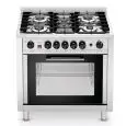 CUISINIÈRE 5 FEUX ÉQUIPÉ DE FOUR ÉLECTRIQUE À CONVECTION - Cod. EKC96 - Capacité n. 4 plaques/grilles GN 1/1 - Voltage AC 220/230 V 50-60 Hz MONOPHASE - Puissance four kW 2,9 - Capacité thermique de plan de cuisson 14,3 kW - Dimensions extérieures 90 x  6