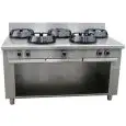 CUISINIÈRE À GAZ WOK CHINOISE 5 FEUX - MOD. EE05 - Construite exclusivement sur mesure - Compartiment ouvert - Plan de travaille lisse - Puissance au gaz à choisir entre kW 9,5/14/21 - Dim. 150x100xh85 cm - Norme CE