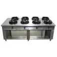 CUISINIÈRE À GAZ WOK CHINOISE 8 FEUX - MOD. EE08 - Construite exclusivement sur mesure - Compartiment ouvert - Plan de travaille lisse - Puissance au gaz à choisir entre kW 9,5/14/21 - Dim. 200x100xh85 cm - Norme CE