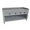 CUISINIÈRE  TEPPANYAKI À GAZ 4 FEUX  - MOD VGO4180L - 4 zones de cuisson - Construite exclusivement sur mesure - Compartiment ouvert - Plaque de cuisson en chrome dure poli -  Dosseret sur 4 côtés - Puissance au gaz kW 23,2 (4x5,8 kW)- Dim. 180x72xh85 cm 