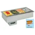 CUVE D'EXPOSITION EMPOTRABLE CHAUFFANTE BAIN MARIE AVEC CUVES GN - MOD. MELODIA 4 BM - POUR GASTRONOMIE - TEMPÉRATURE°C +30/+90 - COUPOLE  EN PLEXIGLAS  ET PARTIE ARRIÈRE RÉFLÉCHISSANTE - PUISSANCE TOTALE W 3550 - PUISSANCE LAMPES CHAUFFANTS W 3x300 - VOL