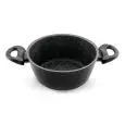 CASSEROLE À 2 POIGNÉES RÊVETUE INTÉRIEUREMENT EN PIERRE DE LAVE - PARTIE EXTÉRIEUR EN PEINTURE PTFE NOIR - POIGNÉE SOUDÉ EN BAKÉLITE - COMPATIBLE AVEC CUISINE À INDUCTION
