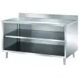 Table-armoire inox ouverte - plan de travail de 4 cm d'épaisseur - inox 8/10 - 1 rayon intermédiaire - avec dosseret