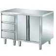Table-armoire inox avec portes battantes - meuble à trois tiroirs - plan de travail de 4 cm d'épaisseur - inox 8/10