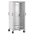 CHARIOT PORTE ASSIETTES AVEC MEUBLE - MOD.  CG 1439A-  Structure en acier inox plastifiée - Châssis en aluminium anodisé - N. 4 portes ouvrables en plexiglass - N. 10 grilles GN 2/1 - Dim. 75 x 78 x h 170 cm
