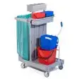 CHARIOT MULTI-USAGE EN PLASTIQUE POUR MÉNAGE - MOD. CA1614 - N. 1 seau en plastique Lt. 15 - Presse d'essorage - Porte sac- Boîte moyenne en plastique - Panier porte bouteilles - DIM. 92 x  55 x h 124 cm