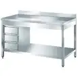 Table de préparation inox - pieds carrés - avec bloc de 3 tiroirs - plan de travail de 4 cm d'épaisseur - inox 8/10 - avec dosseret