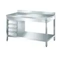 Table de préparation inox - pieds carrés - avec bloc de 4 tiroirs - plan de travail de 4 cm d'épaisseur - inox 8/10 - avec dosseret