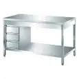 Table de préparation inox - pieds carrés - avec bloc de 3 tiroirs - plan de travail de 4 cm d'épaisseur - inox 8/10