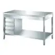 Table de préparation inox - pieds carrés - avec bloc de 4 tiroirs - plan de travail de 4 cm d'épaisseur - inox 8/10