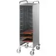PORTE PLATEAUX - MOD. UNIV3INOX 10/12 - STRUCTURE TUBULAIRE EN ACIER  INOX 2X2 cm - GLISSIÈRE EN FIL D'ACIER CHROMÉ - DIM. MAX PLATEAUX 53 x 39 cm - PANNEAUX EN TÔLE D'ACIER INOX AISI 304 SUR TROIS CÔTÉS - ROUES PIVOTANTES ø 12,5 cm - NORME CE
