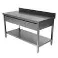 Table de préparation inox - pieds carrés - avec tiroirs sous le plan de travail - plan épaisseur  4 cm - inox 8/10 - avec dosseret