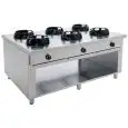 CUISINIÈRE À GAZ WOK CHINOISE 6 FEUX AVEC COMMANDE SUR CHAQUE CÔTÉS - MOD. EE063C - Construite exclusivement sur mesure - Compartiment ouvert - Plan de travaille lisse - Puissance au gaz à choisir entre kW   9,5/14/21 - Dim. 180x120xh85 cm - Norme CE