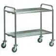 CHARIOT DE SERVICE INOX À TRANSPORT LOURD À DEUX ÉTAGES - Mod CA1392P - Structure tubulaire en acier inoxydable 25x25 mm - Plateaux en acier inoxydable pliés avec oméga de renfort - Dimensions : L 92 x P 67 x H 98 cm