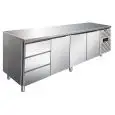 TABLE RÉFRIGÉRÉE EN ACIER INOXYDABLE AISI 304 - VENTILÉE - Mod CXF4130TN - GASTRONORM 1/1 (53 x 32,5 cm) - 3 PORTES RÉFRIGÉRÉES - 3 TIROIRS RÉFRIGÉRÉS - CAPACITÉ 476 L - TEMPÉRATURE -2°/+8°C - Dimensions cm L 223 x P 70 x H 86