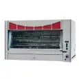 RÔTISSOIRE PLANETAIRE A GAZ - MOD. DELTA72P - Capacité n. 72 poulets - N. 8+4 broches de cm 91 - Puissance thermique: 26,5 Kw - Consommation: 2,07 Kg/h GAZ GPL - Dimensions : cm 125 x 83 x 85 h - Norme CE