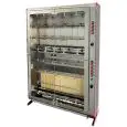 RÔTISSOIRE VERTICALE A GAZ - MOD. ELBA48/PG - Capacité n. 48 poulets - N. 8 broches en tubulaire inox mm 12 x 12 Longueur cm 96 - Bruleur avec soupape de sécurité, piézo et briques réfractaires - Branchement: 230 V monophasé - Puissance: 90 W - Puissance 