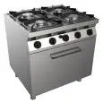 CUISINIÈRE À GAZ 4 FEUX  - MOD. H7MZE4FO - Sans flamme pilote - Four à gaz statique  GN 2/1 cm L 68,5 x P 53 x 35 H - Puissance  totale kW 26,9 - Dim. : cm L 80 x P 70 x H 85 - Norme CE
