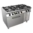 CUISINIÈRE À GAZ 6 FEUX  - MOD. H7MZE6FE - Sans flamme pilote - Four électrique statique GN 2/1 L 68,5 x P 53 x H 35 cm - Compartiment neutre - Puissance totale gaz 28,5 kW - Dimensions : L 120 x P 70 x H 85 cm - Norme CE