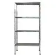 Étagère inox à boulons - Élément base - Hauteur 180 cm - 4 rayons perforés, épaisseur : 2,5 cm, inox 8/10 - fournie avec boulons et embouts pieds en plastique - bords anti-coupures - finition brillante - prédisposition pour fixation au mur