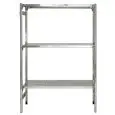 Étagère inox crochetée - Élément base - Hauteur 150 cm - 3 rayons perforés, épaisseur 2,5 cm, inox 8/10 - fournie avec élément de renfort et embouts pieds en plastique - bords anti-coupures - finition brillante - prédisposition pour fixation au mur