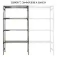 Étagère inox crochetée - Élément de composition (à construire avec élément base) - Hauteur 200 cm - 4 rayons perforés, épaisseur 2,5 cm, inox 8/10 - fournie avec élément de renfort et embouts pieds en plastique - bords anti-coupures - finition brillante