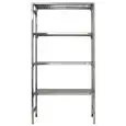 Étagère inox crochetée - Élément base - Hauteur 200 cm - 4 rayons perforés, épaisseur 2,5 cm, inox 8/10 - fournie avec élément de renfort et embouts pieds en plastique - bords anti-coupures - finition brillante - prédisposition pour fixation au mur