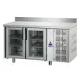 TABLE RÉFRIGÉRÉE AVEC DOSSERET EN ACIER INOX AISI 304 - VENTILÉE - Mod. UG02MPVAL - GASTRONORM 1/1 - N. 2 PORTES EN VERRE - TEMPÉRATURE 0°/+10°C - Dim. cm. 142x70xh95/102 - Norme CE