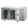 TABLE RÉFRIGÉRÉE EN ACIER INOX AISI 304 - VENTILÉE  - Mod. UG02MPV - GASTRONORM 1/1 - N. 2 PORTES EN VERRE  TEMPÉRATURE 0°/+10°C - Dim. cm. 142x70xh85/92 - Norme CE