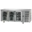 TABLE RÉFRIGÉRÉE EN ACIER INOX AISI 304 - VENTILÉE  - Mod. UG03MPV - GASTRONORM 1/1 - N. 3 PORTES EN VERRE - TEMPÉRATURE 0°/+10°C - Dim. cm. 187x70xh85/92 - Norme CE
